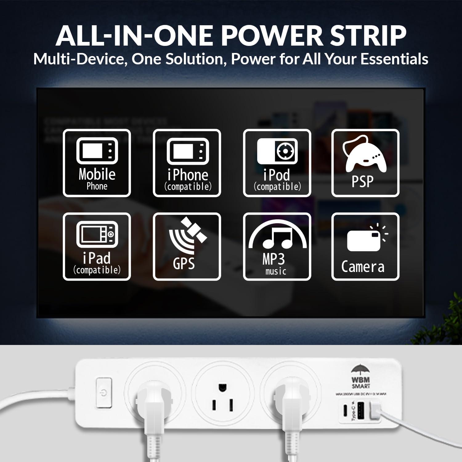 WBM Smart Power Strip 5.9 ft, Extension Cord Socket 10 A with 2 USB Ports and 1 Type C