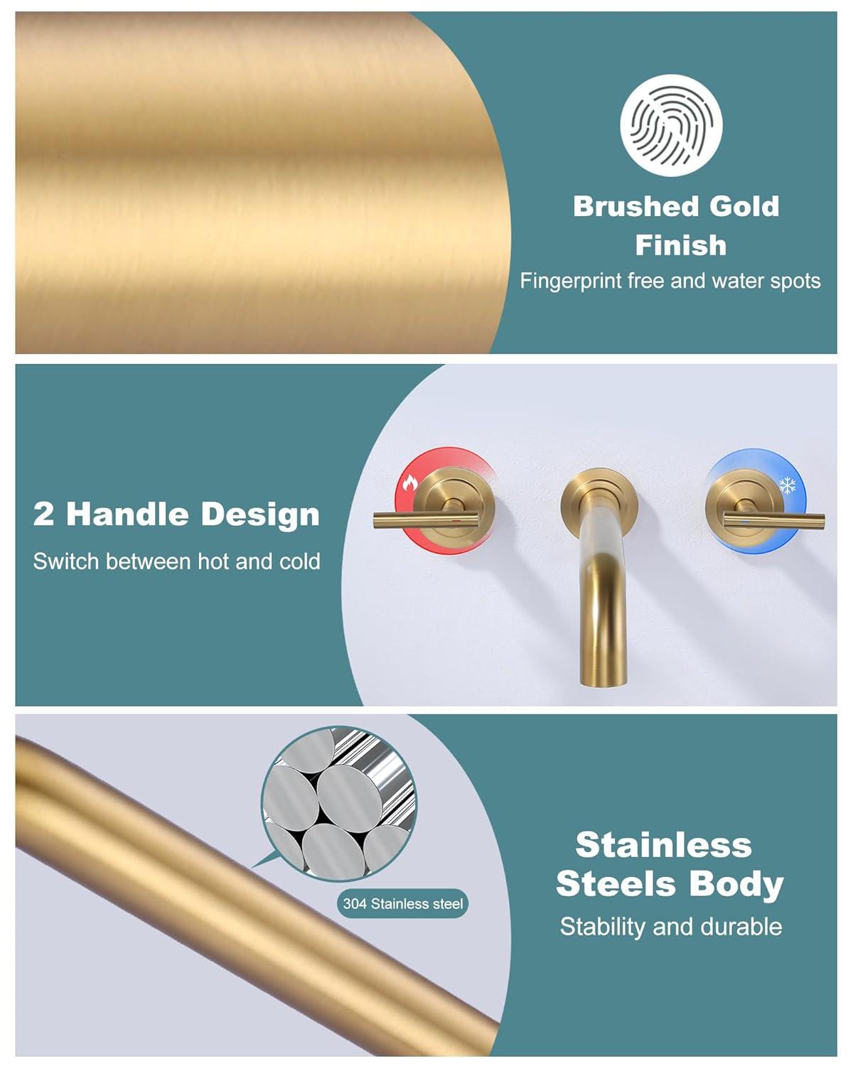 Double Handle Wall Mounted Bathroom Faucet in Solid Brass, Brused Gold