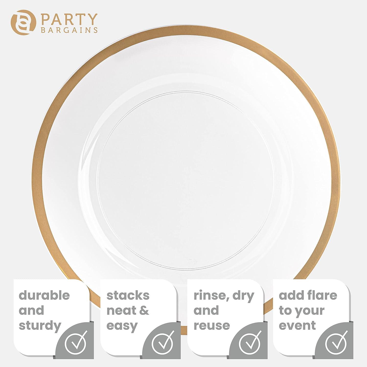 PARTY BARGAINS 13-Inch Charger Plates - 4 Pack, Clear Gold Rim, Heavy-Duty Disposable Chargers for Elegant Dining - Ideal for Weddings and Formal Events