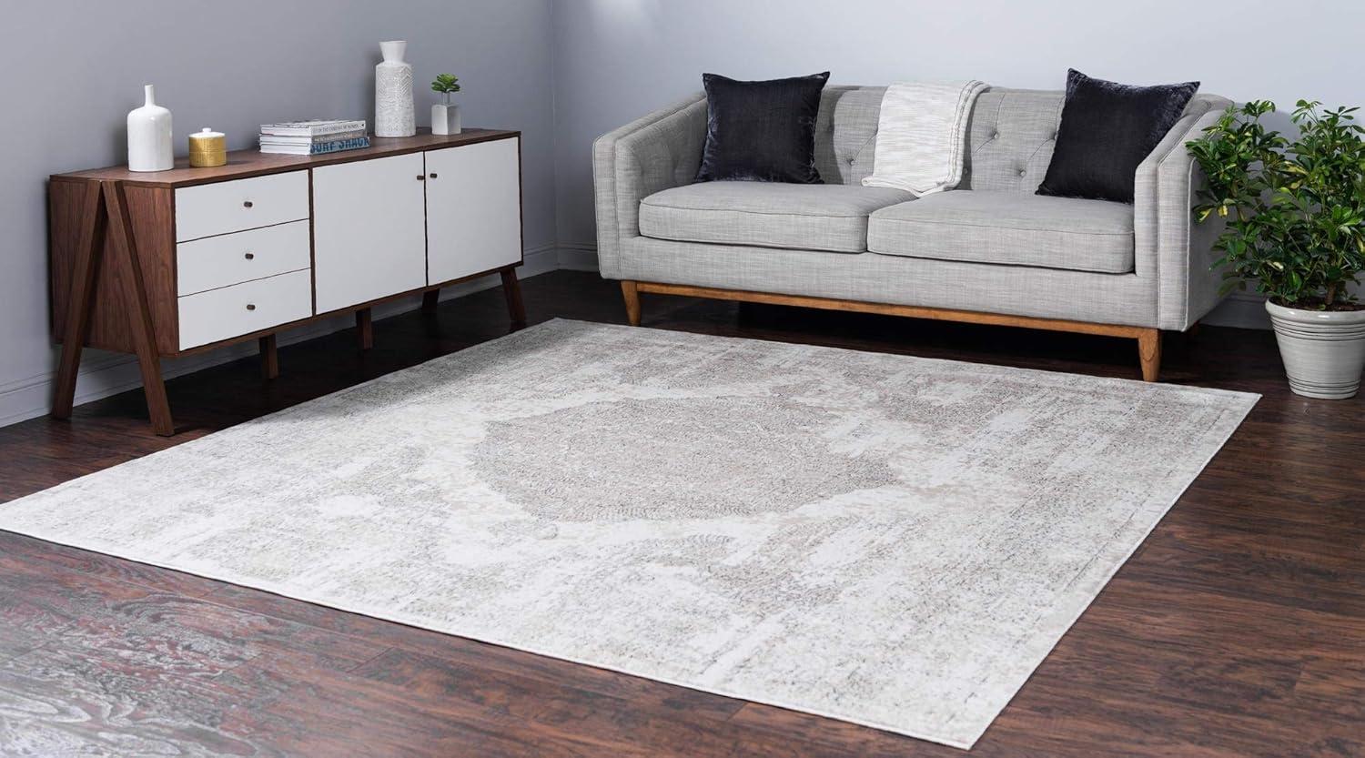 Ivory Geometric Square Stain-Resistant Synthetic Rug