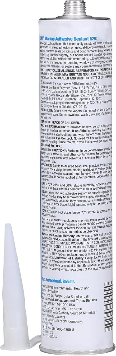 3M Marine Adhesive Sealant 5200,, White, 295 mL, 1 Cartridge, Watertight Bonging/Sealing of Gelcoat