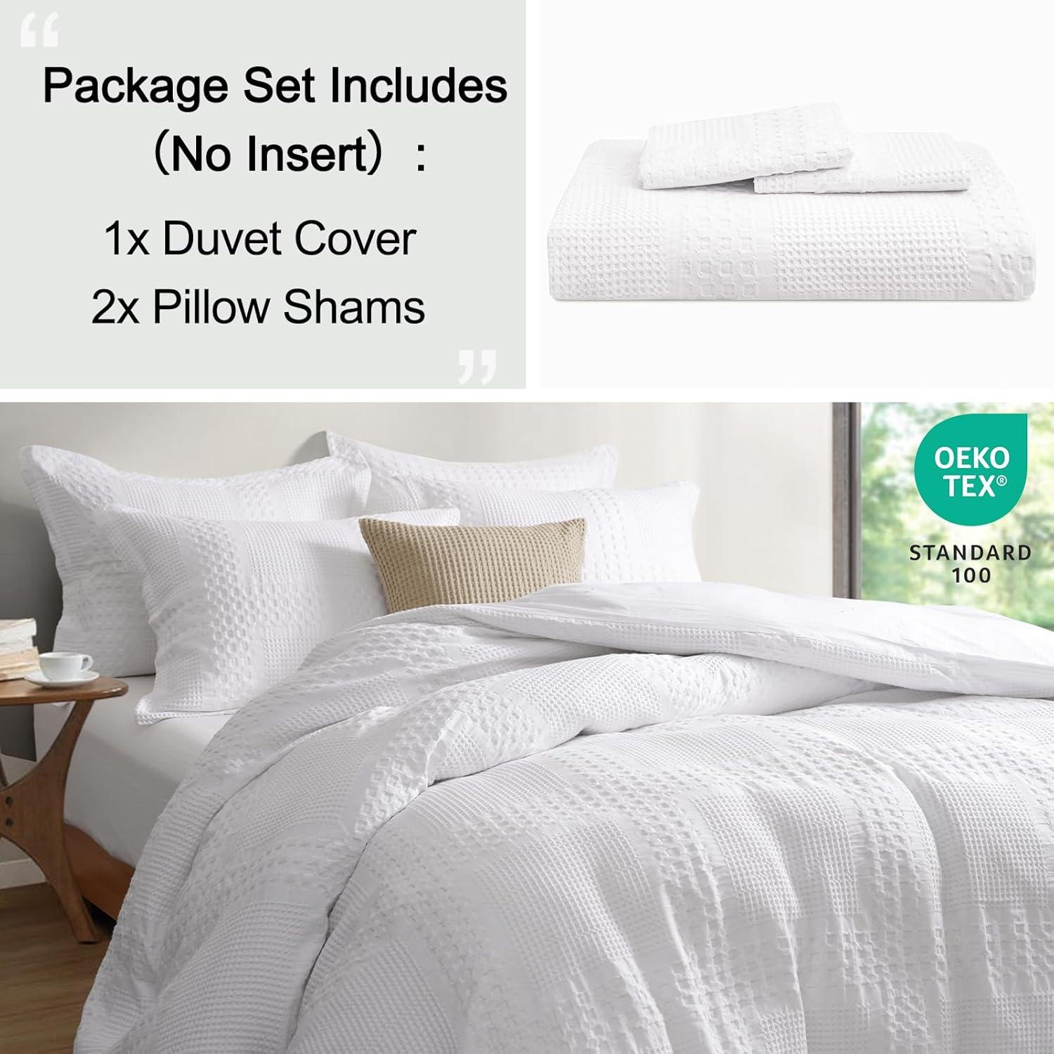 White Cotton Waffle Weave Queen Duvet Cover Set