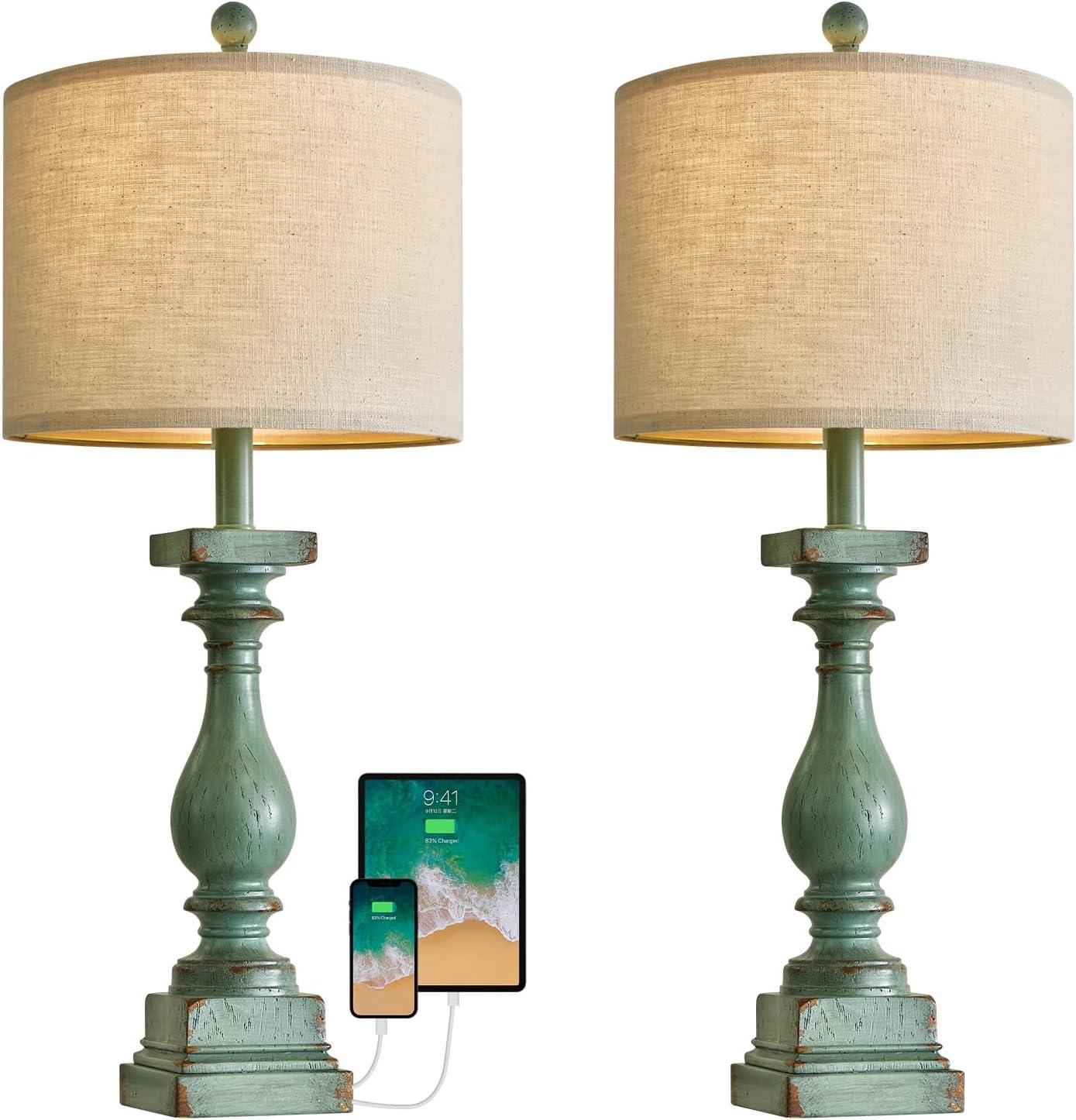 Farmhouse Table Lamps for Bedroom Set of 2 Rustic Bedside Lamps for Nightstand with USB A+C Ports Side Table Lamps for Living Room End Table Office Pull Chain Green