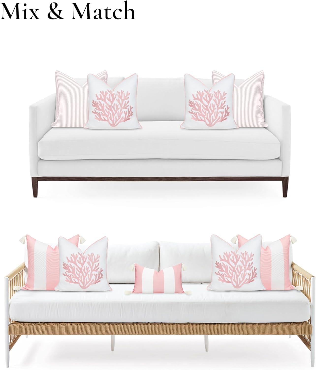 Hofdeco Premium Coastal Patio Indoor Outdoor Throw Pillow Cover Only, 20"x20" Water Repellent for Backyard, Couch, Blush Pink Embroidered Sea Life Coral with Piping