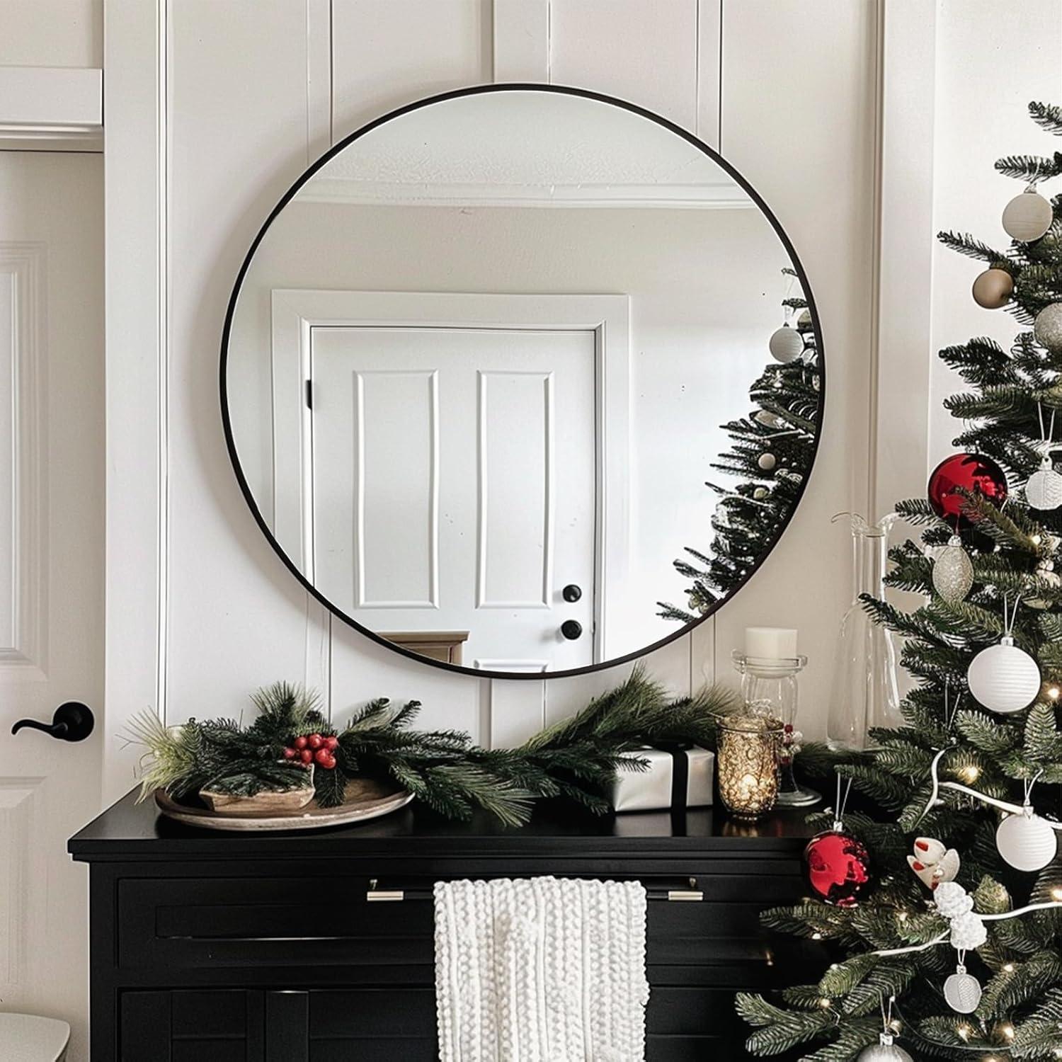 Black Round Mirror, Round Mirror 24 inch, Black Circle Mirrors Metal Frame, Wall Mounted Mirrors for Living Room, Bathroom, Wall, Entryway, Rustic.