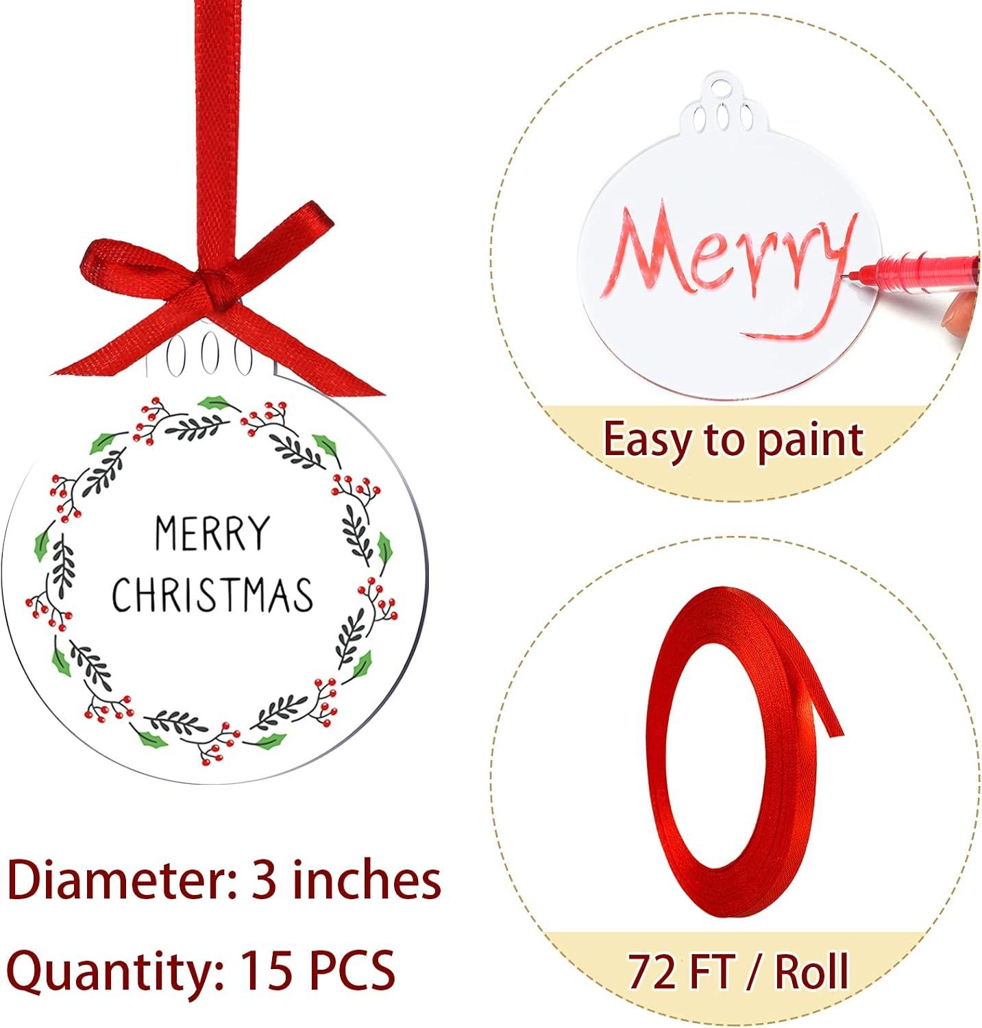 Clear Round Acrylic Christmas Ornaments Clear Blank Acrylic Disc Circle Red Ribbon with Hole DIY Crafts Acrylic Ornament for Xmas Tree Party Painting Hanging Decoration Supplies(3 Inch, 25 Pieces)