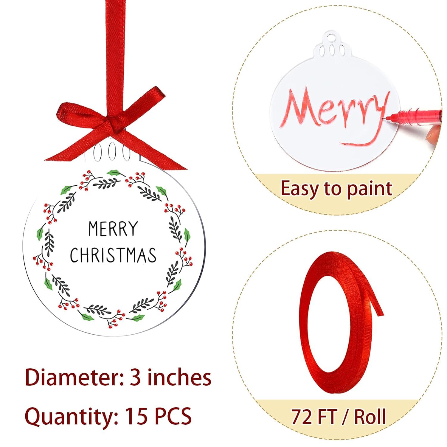 Clear Round Acrylic Christmas Ornaments Clear Blank Acrylic Disc Circle Red Ribbon with Hole DIY Crafts Acrylic Ornament for Xmas Tree Party Painting Hanging Decoration Supplies(3 Inch, 25 Pieces)
