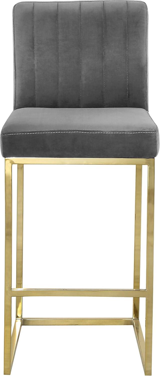 Contemporary Gray Velvet Counter Stool with Gold Metal Base