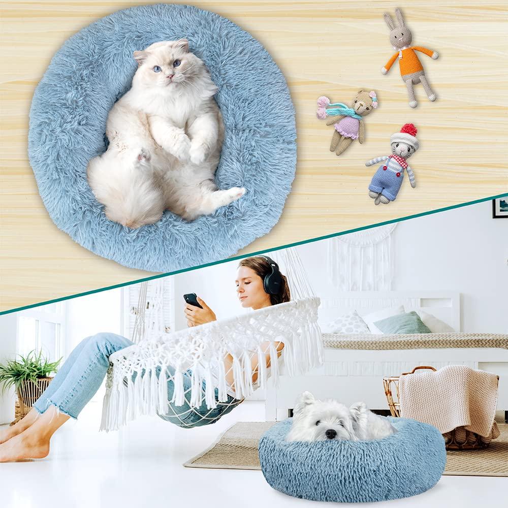 PetAmi Calming Dog Bed for Puppy Cat Kitten, Round Washable Pet Bed, Anti Anxiety Cuddler, Fluffy Plush Circular Donut Bed (Dusty Blue, Small - 23")