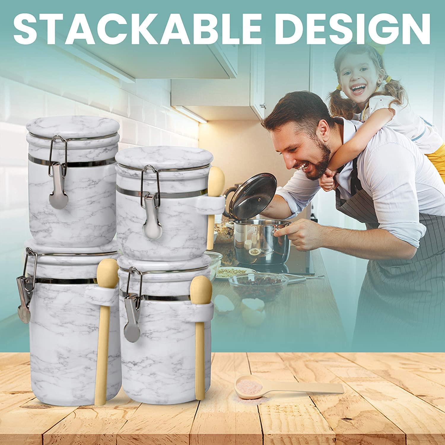 Home Intuition Home Intuition Ceramic Kitchen Canisters Set of 4 with Wooden Spoons Reusable Chalk Labels, Coffee, Tea (Light Blue)