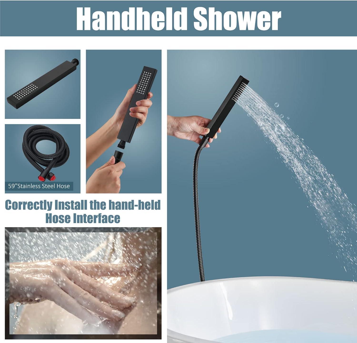 AlenArtWater Waterfall Tub Filler Freestanding Bathtub Faucet Floor Mount Brass Single Handle Bathroom Faucets with Hand Shower 93-LJQKCZ