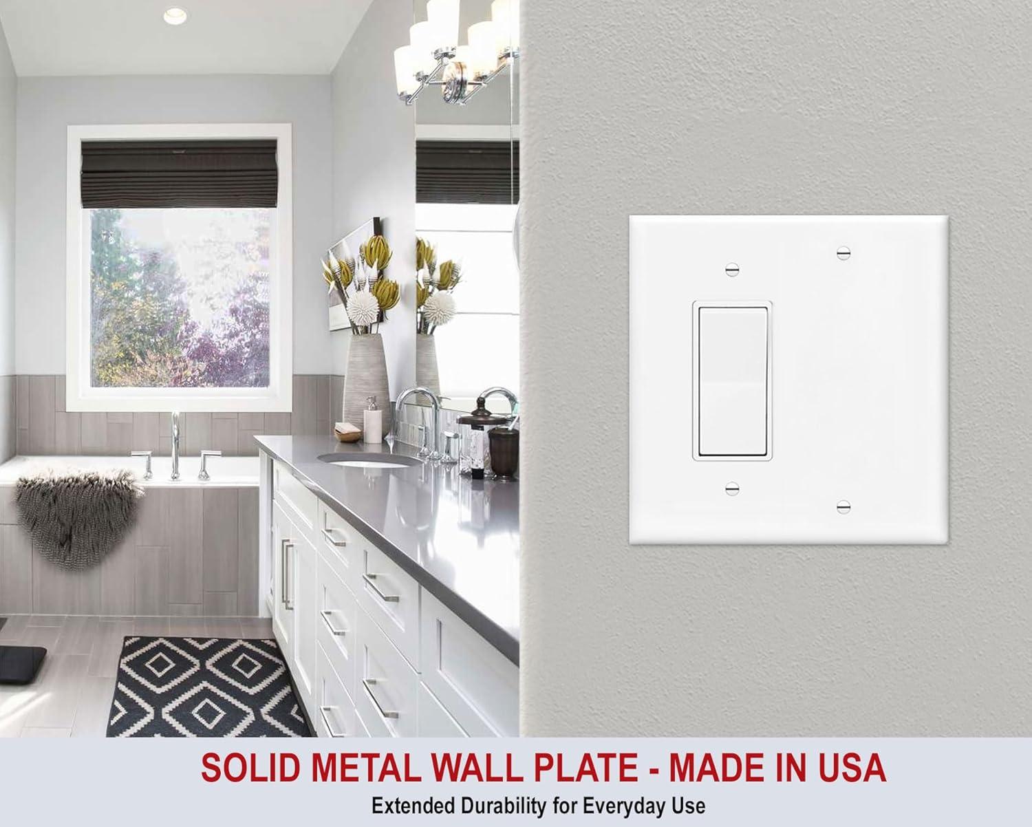 OVERSIZED 2 Gang Metal Combination Switch Plate, 1 Blank and 1 Decora Style Opening Combo Oversize Wall Plate, JUMBO Combo Rocker and Blank Wall Plate - White - UL Listed, 5.5" x 5.5" - Made in USA