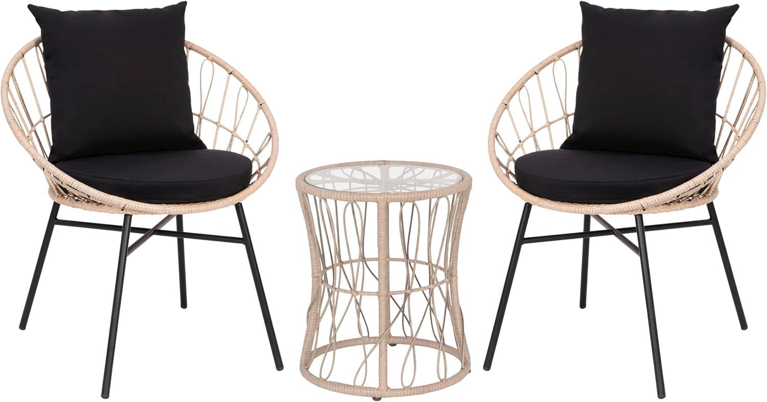 Taylor & Logan Fielder 3-Piece Tan Indoor/Outdoor Bistro Set with Papasan Style Rattan Rope Chairs, Glass Top Side Table & Black Cushions
