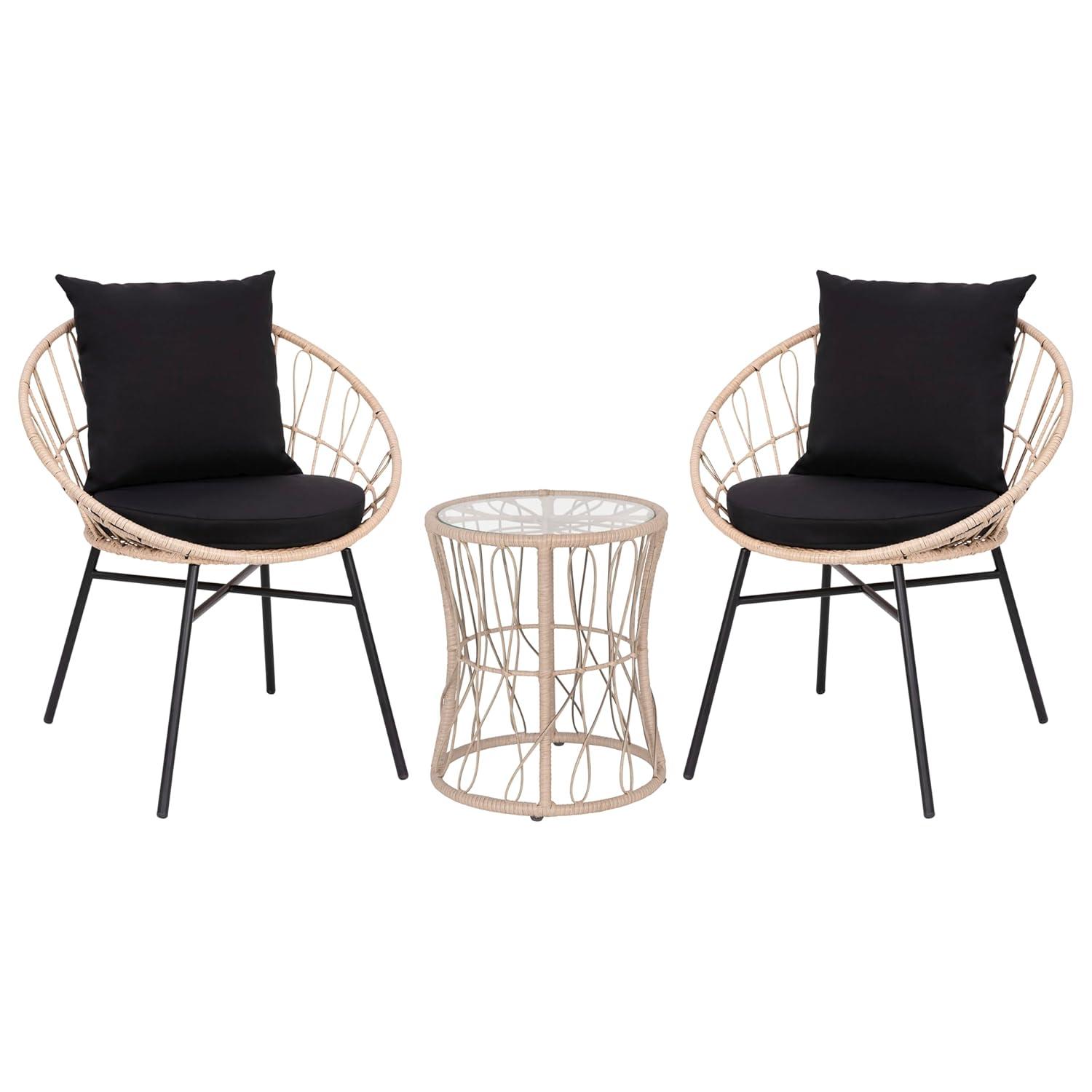 Taylor & Logan Fielder 3-Piece Tan Indoor/Outdoor Bistro Set with Papasan Style Rattan Rope Chairs, Glass Top Side Table & Black Cushions