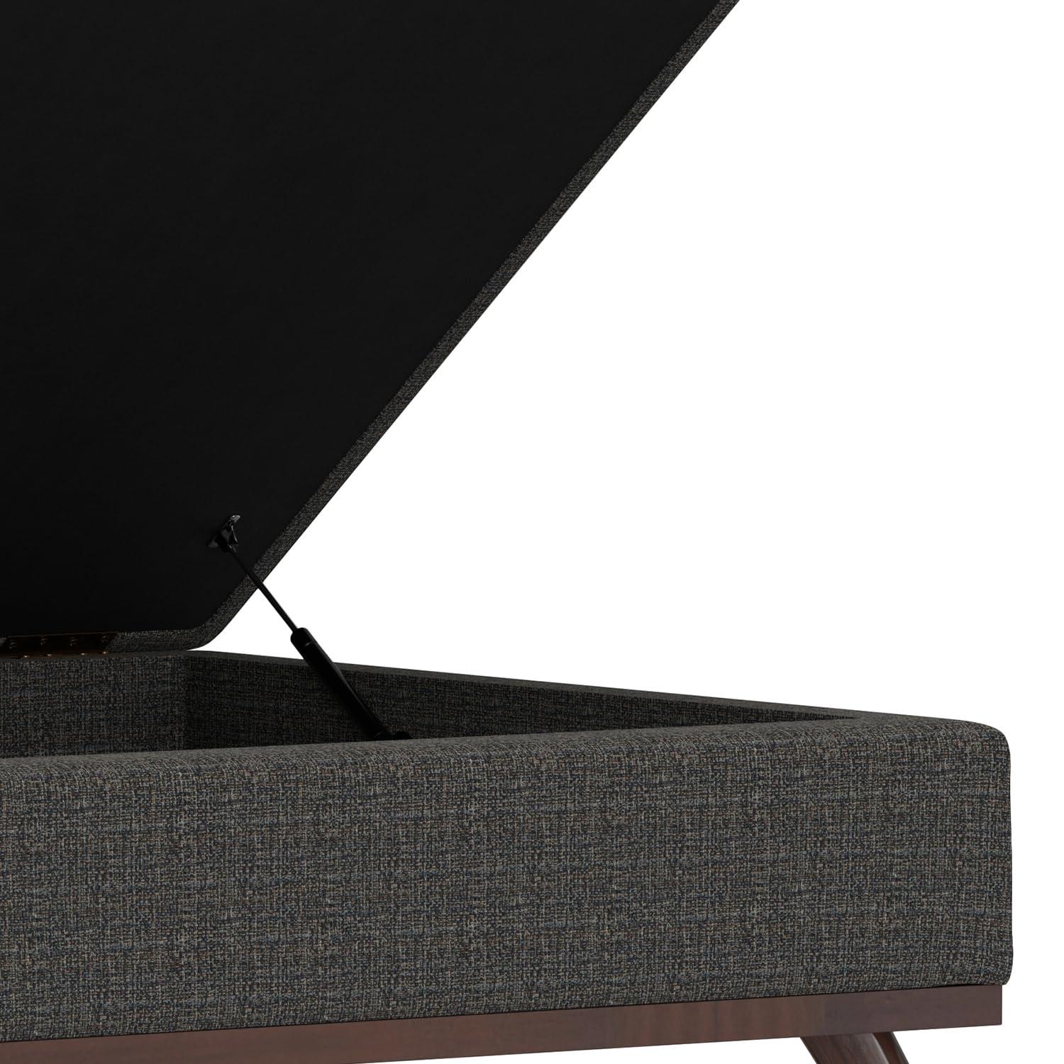 Simpli Home Owen 36"W Upholstered Square Coffee Table Storage Ottoman with Lift Top and Solid Wood Legs