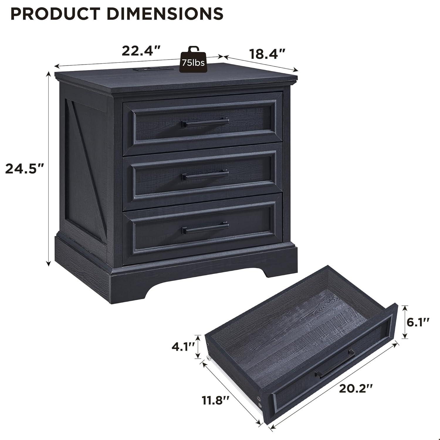 SinCiDo 24" Wide Farmhouse Nightstand with Charging Station & 3 Drawers & Handles, End Table for Bedroom, Living Room, Black