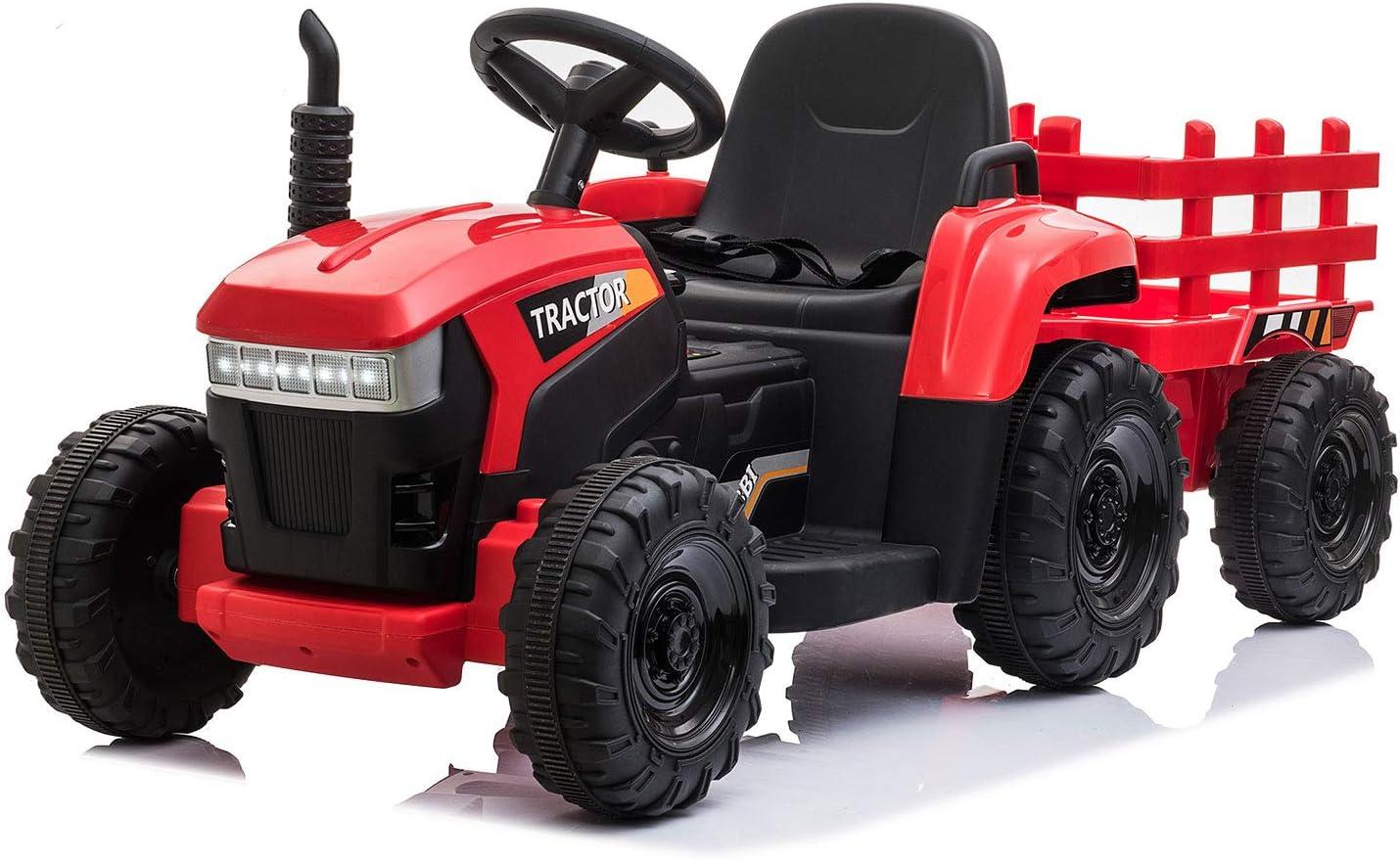 12V Kids Ride On Tractor with Trailer, Battery Powered Electric Car with Music, USB, Music, LED Lights