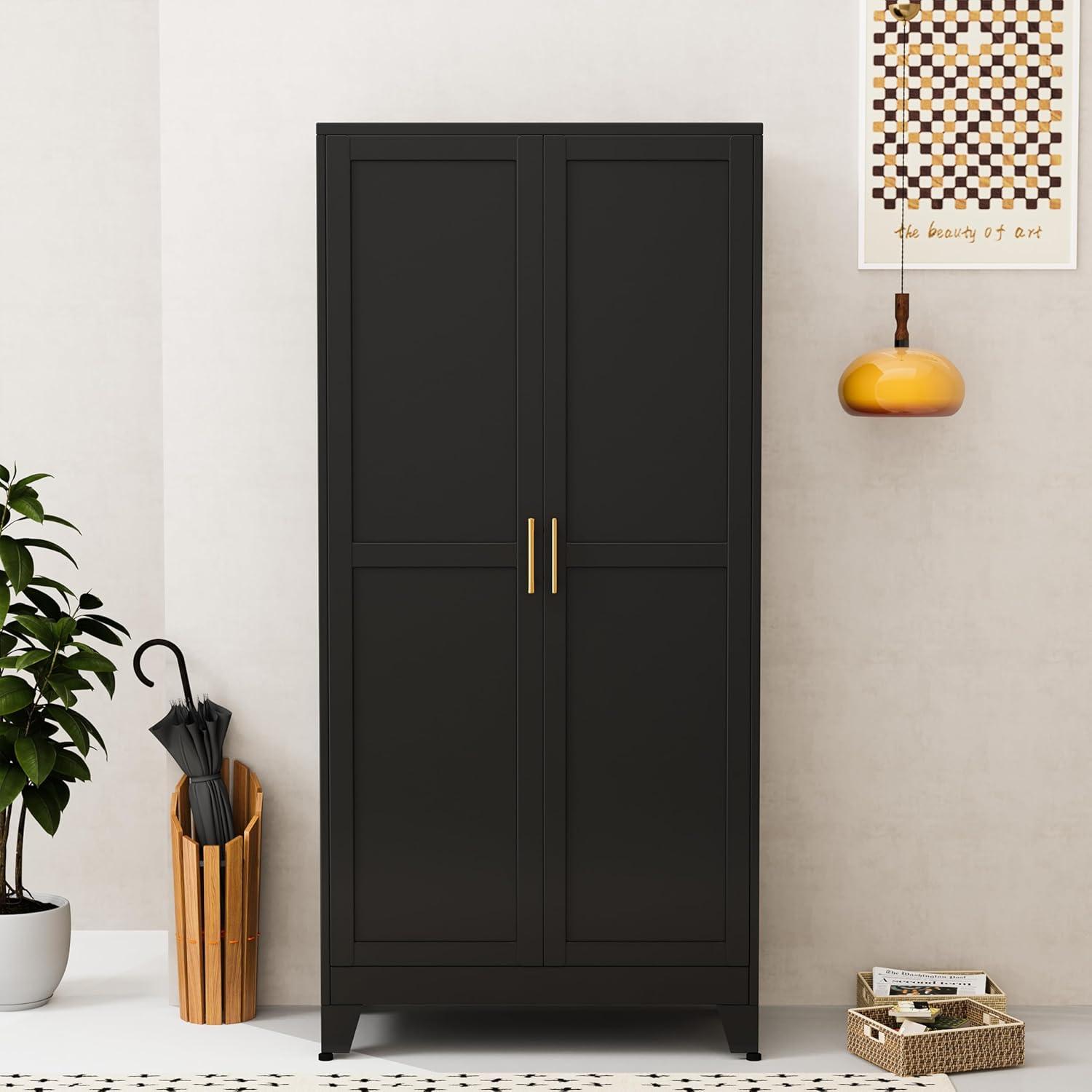 Metal Wardrobe Cabinet with Hanging Rod, 71" Metal Clothing Storage Cabinets with 2 Doors and Adjustable Shelves, Black Armoire Wardrobe Closet for Bedroom, Laundry Room, Cloak Room