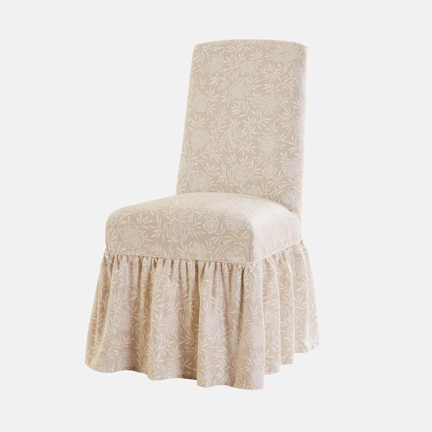 Neutral Floral Cotton Twill Ruffled Dining Chair Slipcover