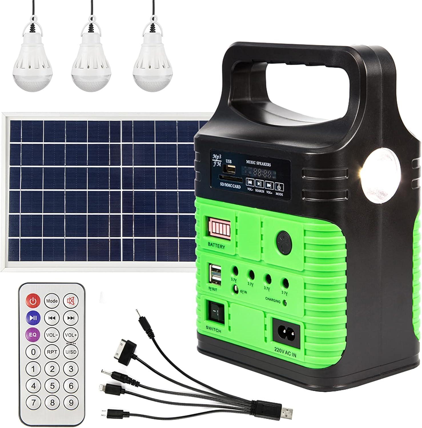 Green Portable Solar Power Station with LED Lights and USB Outlets