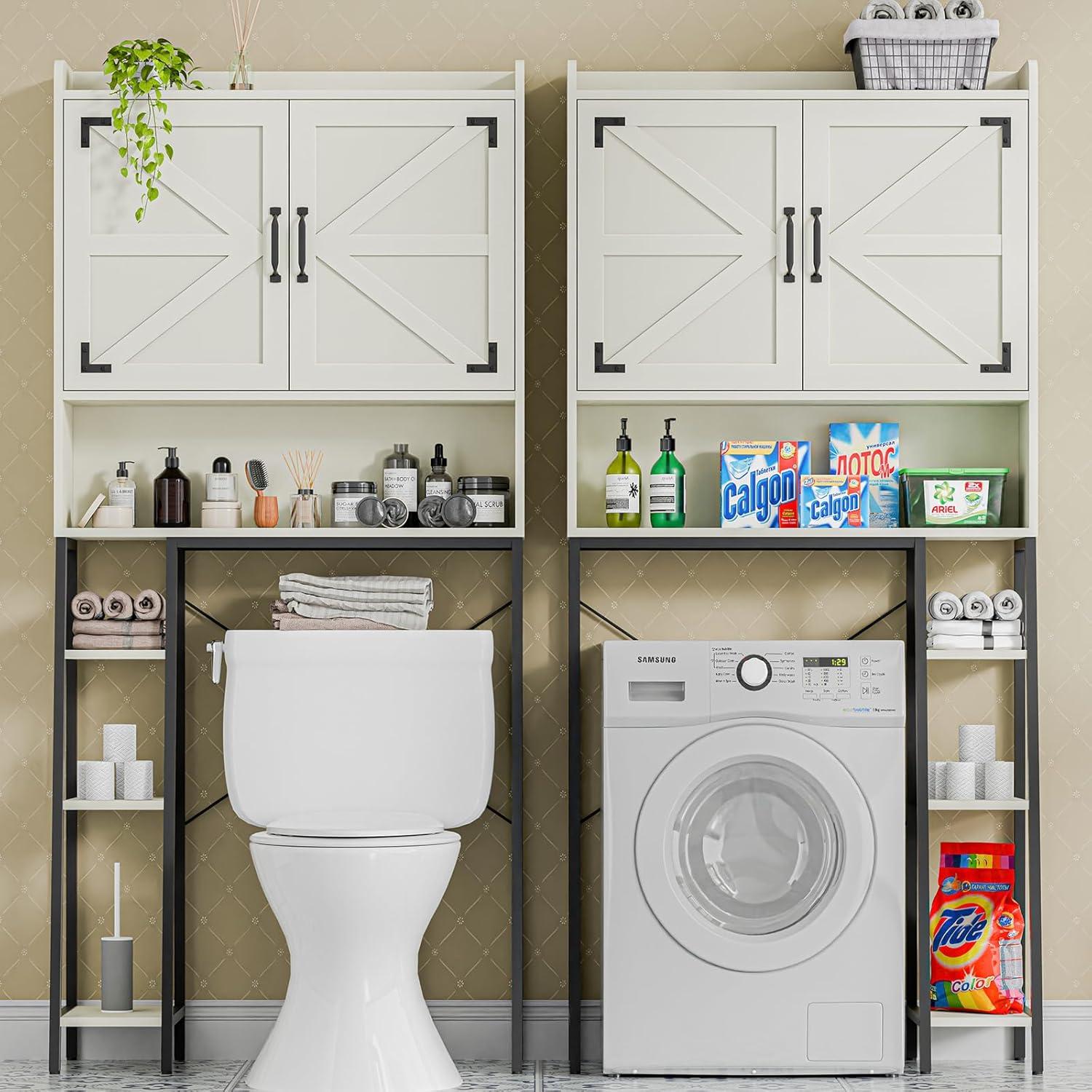 Over The Toilet Storage Cabinet, Bathroom Organizer with Adjustable Shelves & Sliding Barn Door, above Toilet Rack(White)