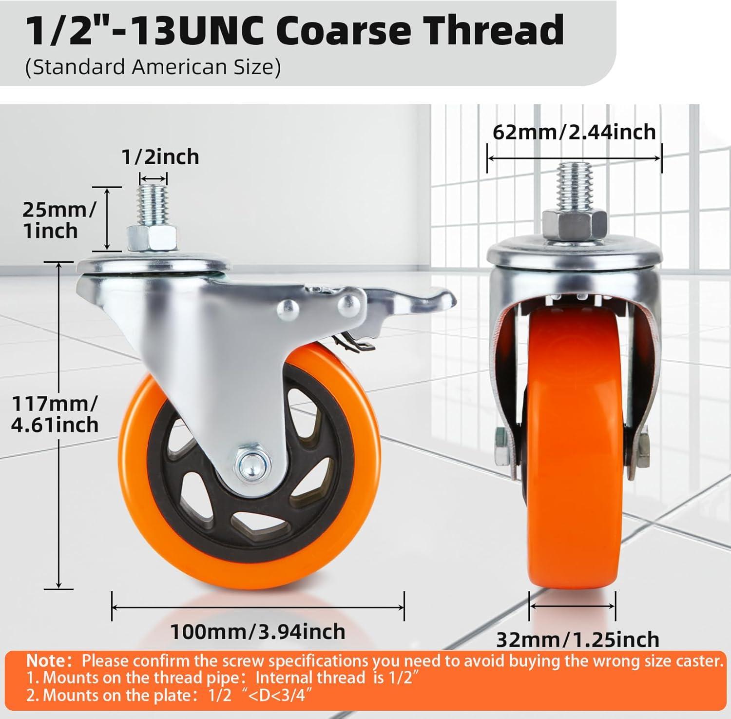 4 Inch Orange Polyurethane Heavy Duty Stem Caster Wheels with Dual Locking