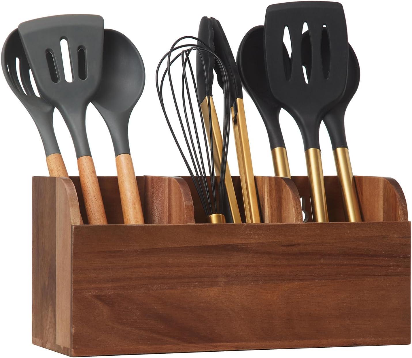 Wooden Utensil Holder for Kitchen Counter, Large Acacia Rustic Utensil Holder for Countertop with 3 Compartments, Wall Mounted Cooking Utensil Holder,