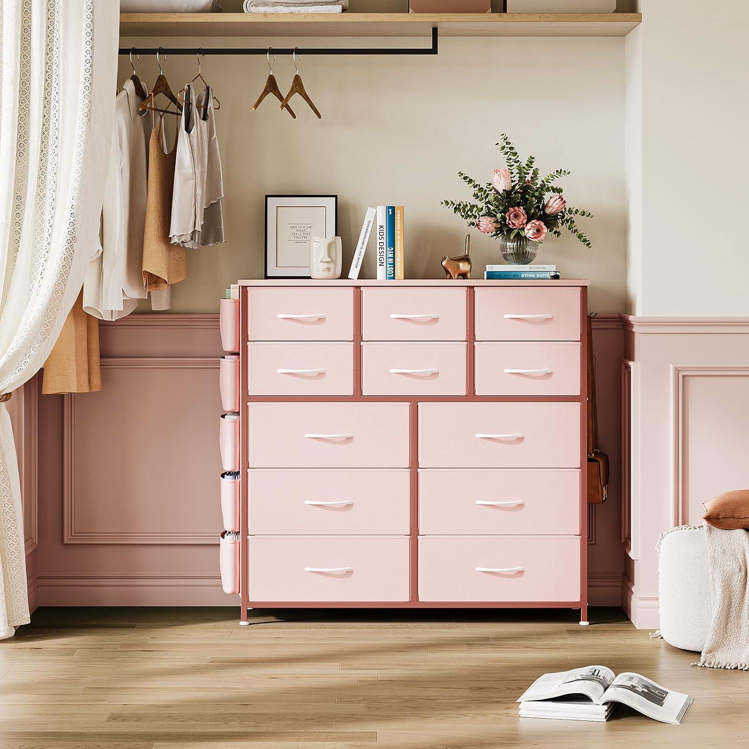 Pink 12-Drawer Fabric Dresser with Side Pockets and Hooks