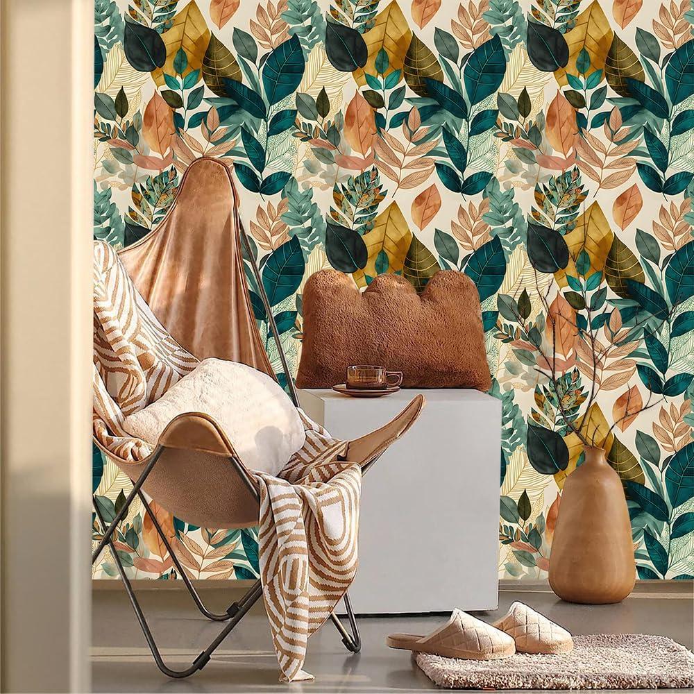 Boho Botanical Brown and Green Leaf Self-Adhesive Wallpaper