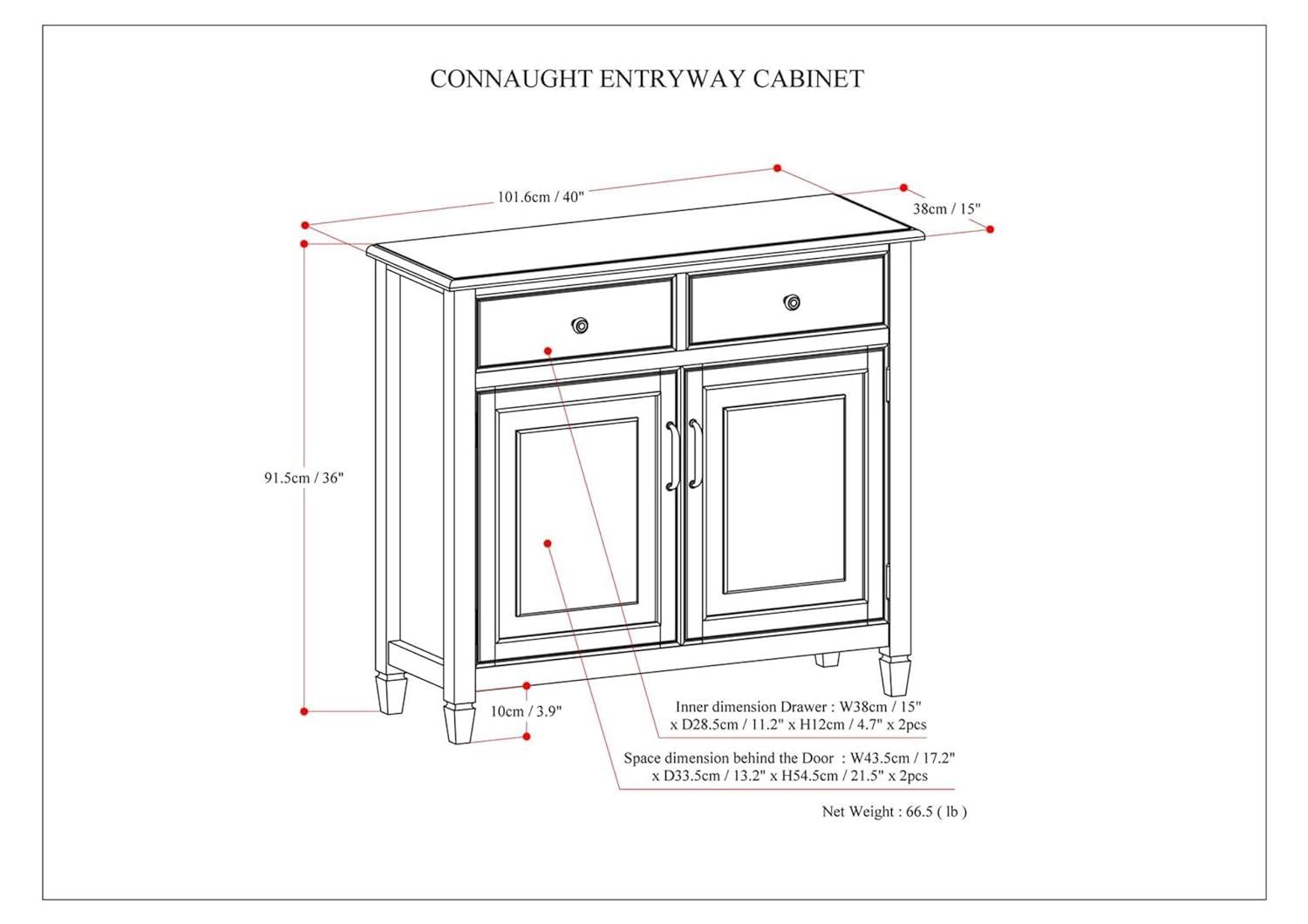Simpli Home Connaught 40"W Solid Wood 2-Shelf Entryway Storage Cabinet with 2 Storage Drawers