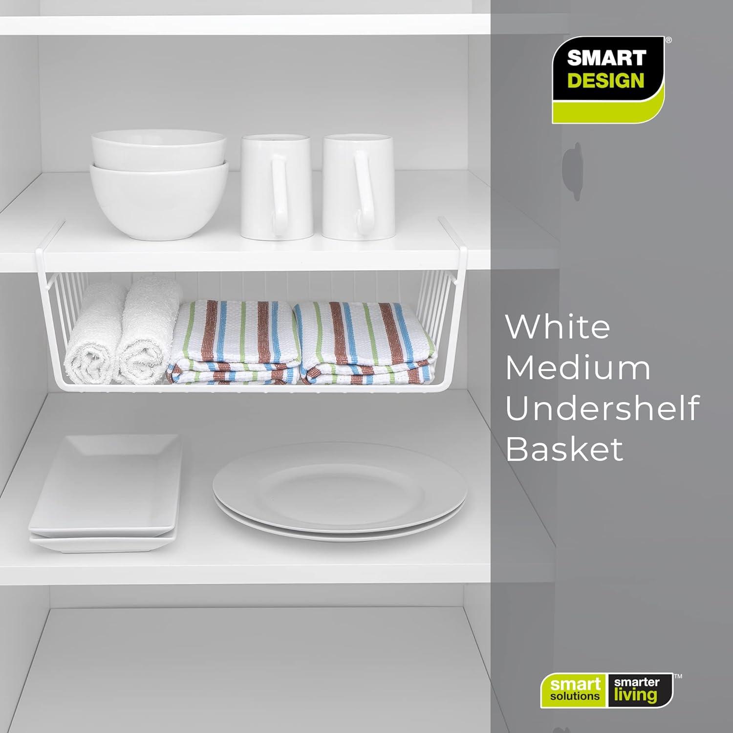 Smart Design Undershelf Storage Basket - Medium - Snug Fit Arms - Steel Metal Wire - Rust Resistant - Cabinet, Pantry, Shelf Organization - 16 x 5.5 Inch - White