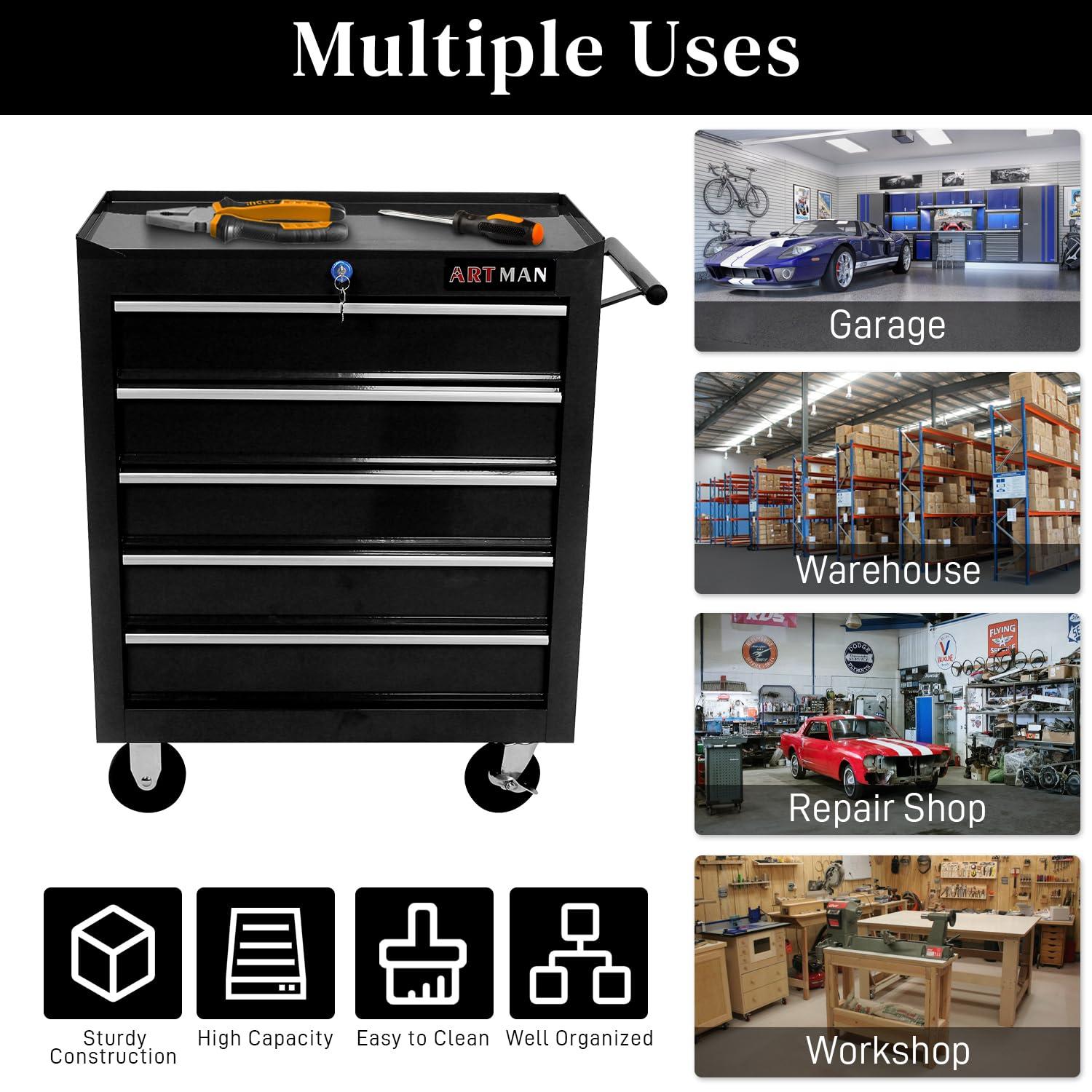 Kselythan Rolling Tool Chest,Tool Cart On Wheels,With 4 Wheels 5 Drawers,Tool Storage Cabinet With Lock & Key,For Garage Warehouse Repair Shop,Black