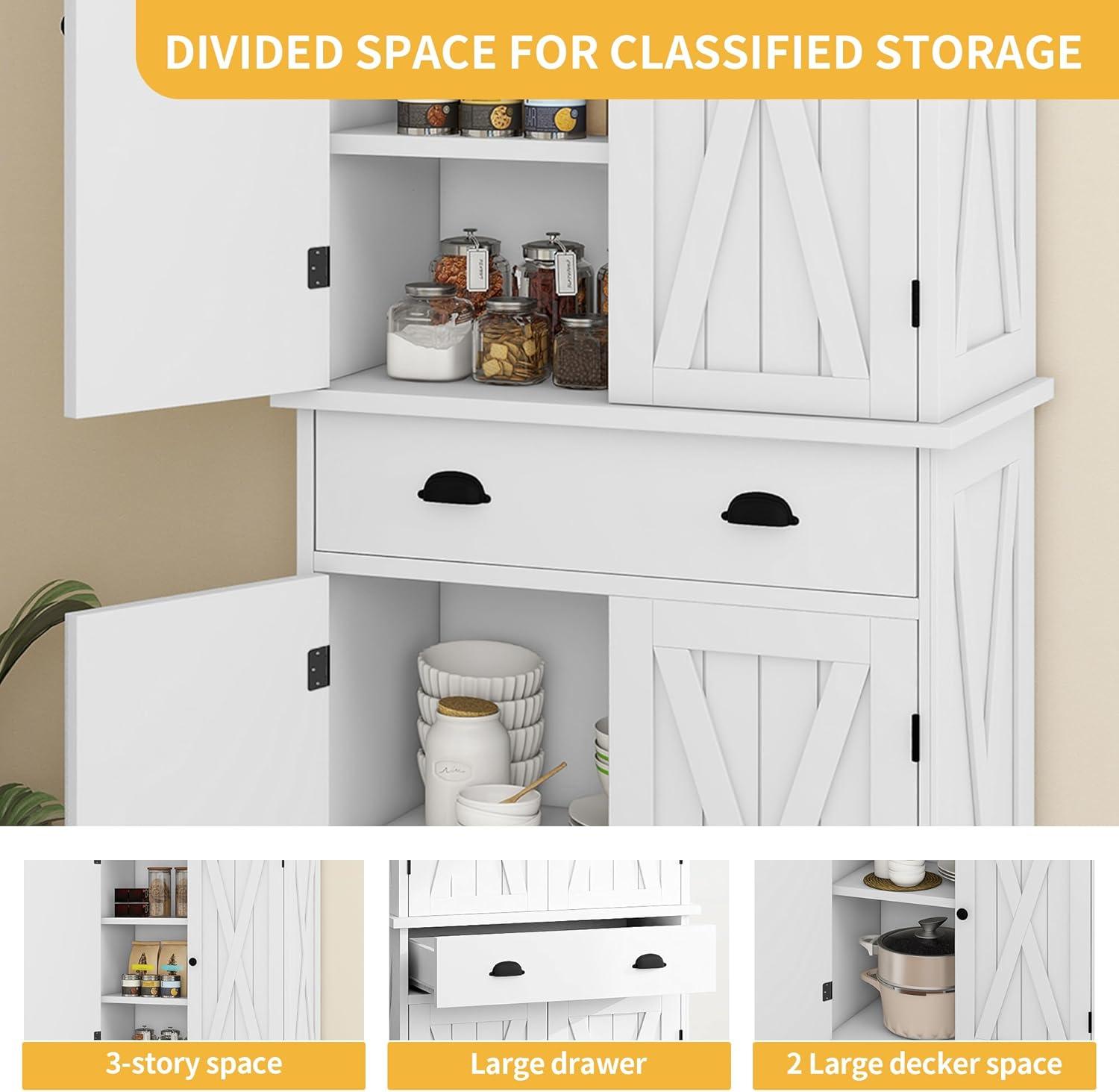 Gracie Oaks Sneyd 72" H Wood Farmhouse Kitchen Pantry Cabinet with Adjustable Shelves & Drawer