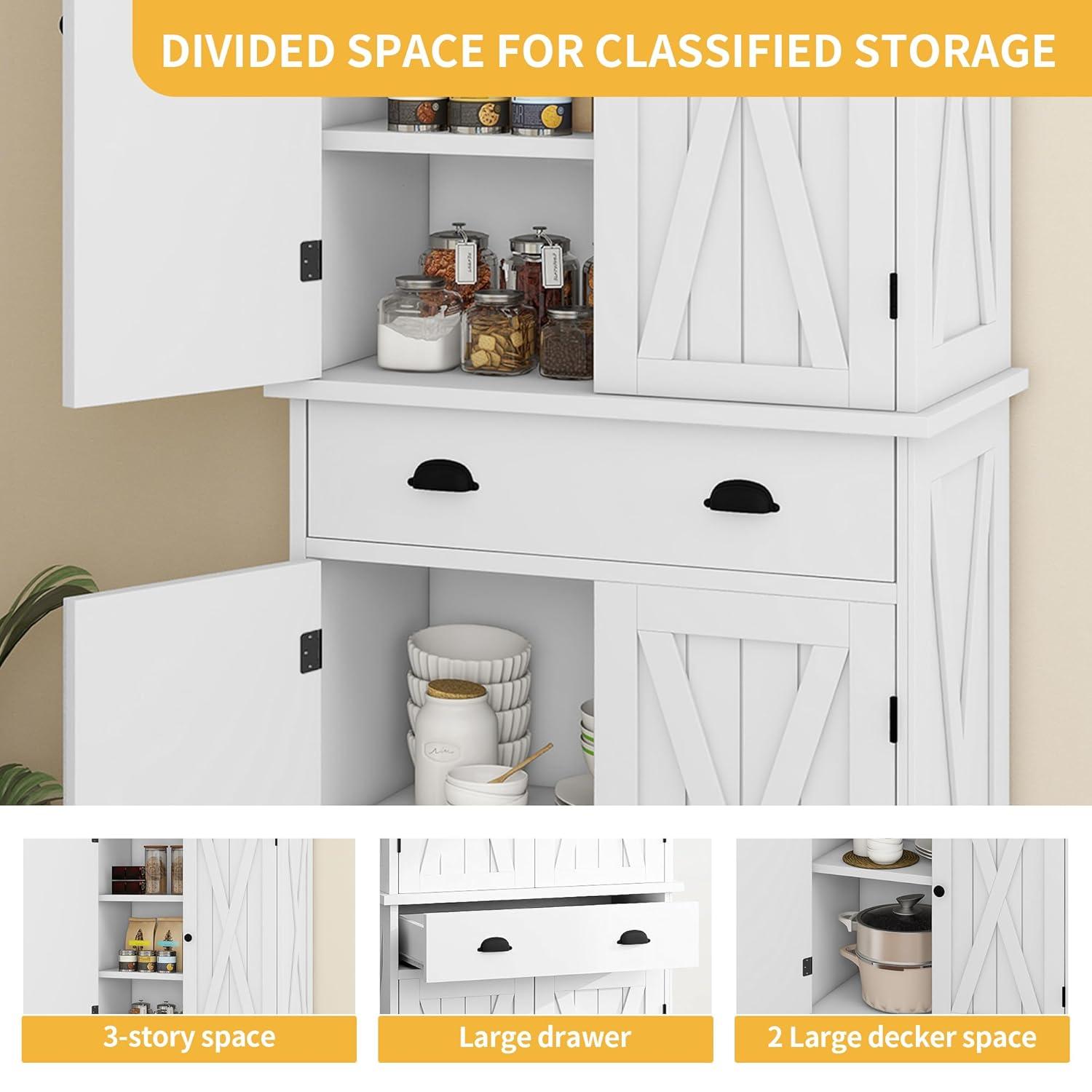 Gracie Oaks Sneyd 72" H Wood Farmhouse Kitchen Pantry Cabinet with Adjustable Shelves & Drawer