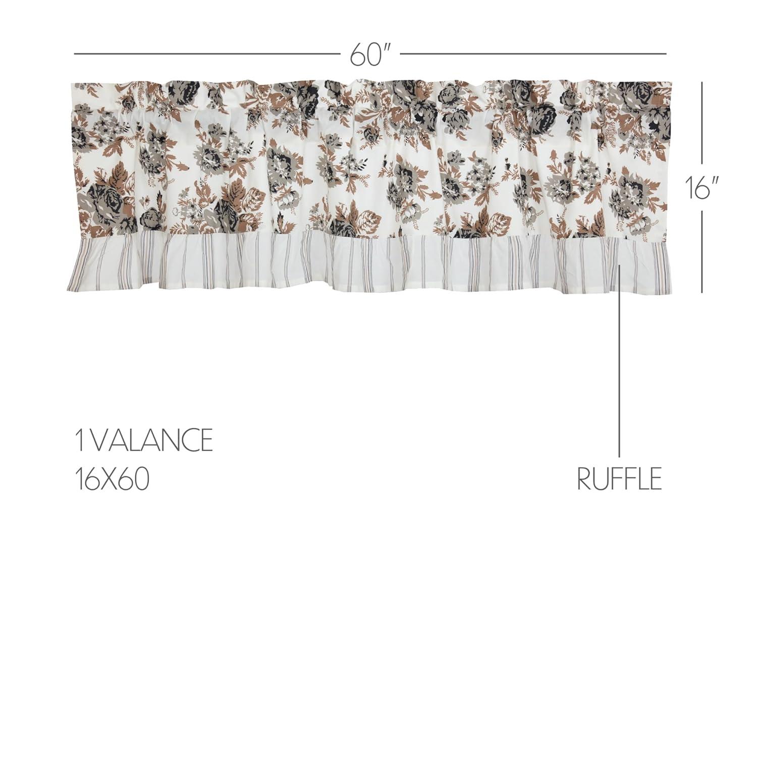 VHC Brands Annie Portabella Brown Floral Vintage Farmhouse Ruffled Valance Kitchen Curtain 16x60