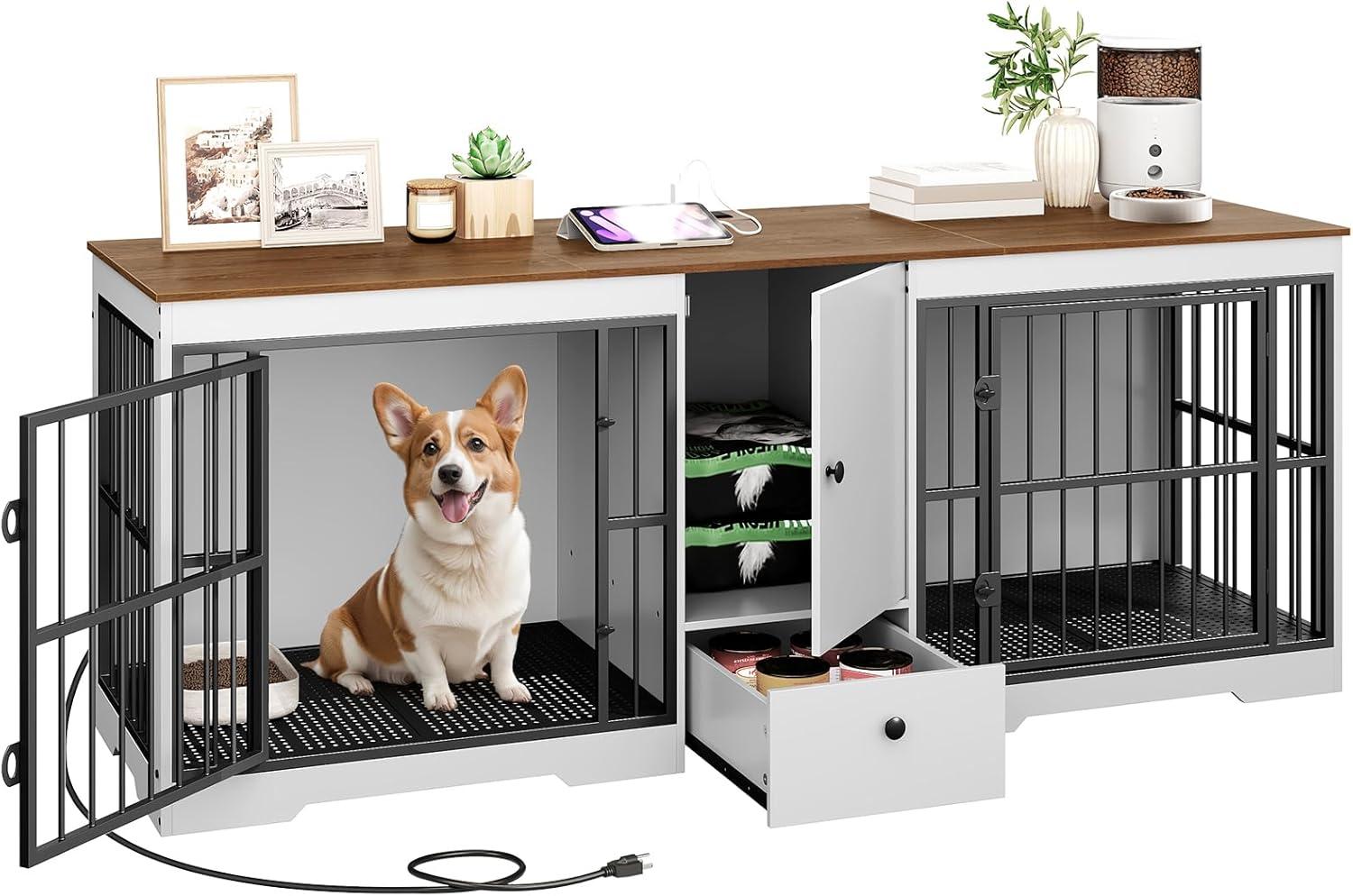Tucker Murphy Pet™ 72.8 Inch Dog Crate Furniture For 2 Dogs, Farmhouse Double Dog Cage Furniture With Storage Cabinet And Drawer, Wooden Dog Kennel Tv Stand With Power Outlet