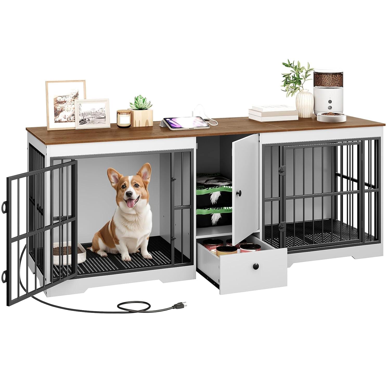 Tucker Murphy Pet™ 72.8 Inch Dog Crate Furniture For 2 Dogs, Farmhouse Double Dog Cage Furniture With Storage Cabinet And Drawer, Wooden Dog Kennel Tv Stand With Power Outlet