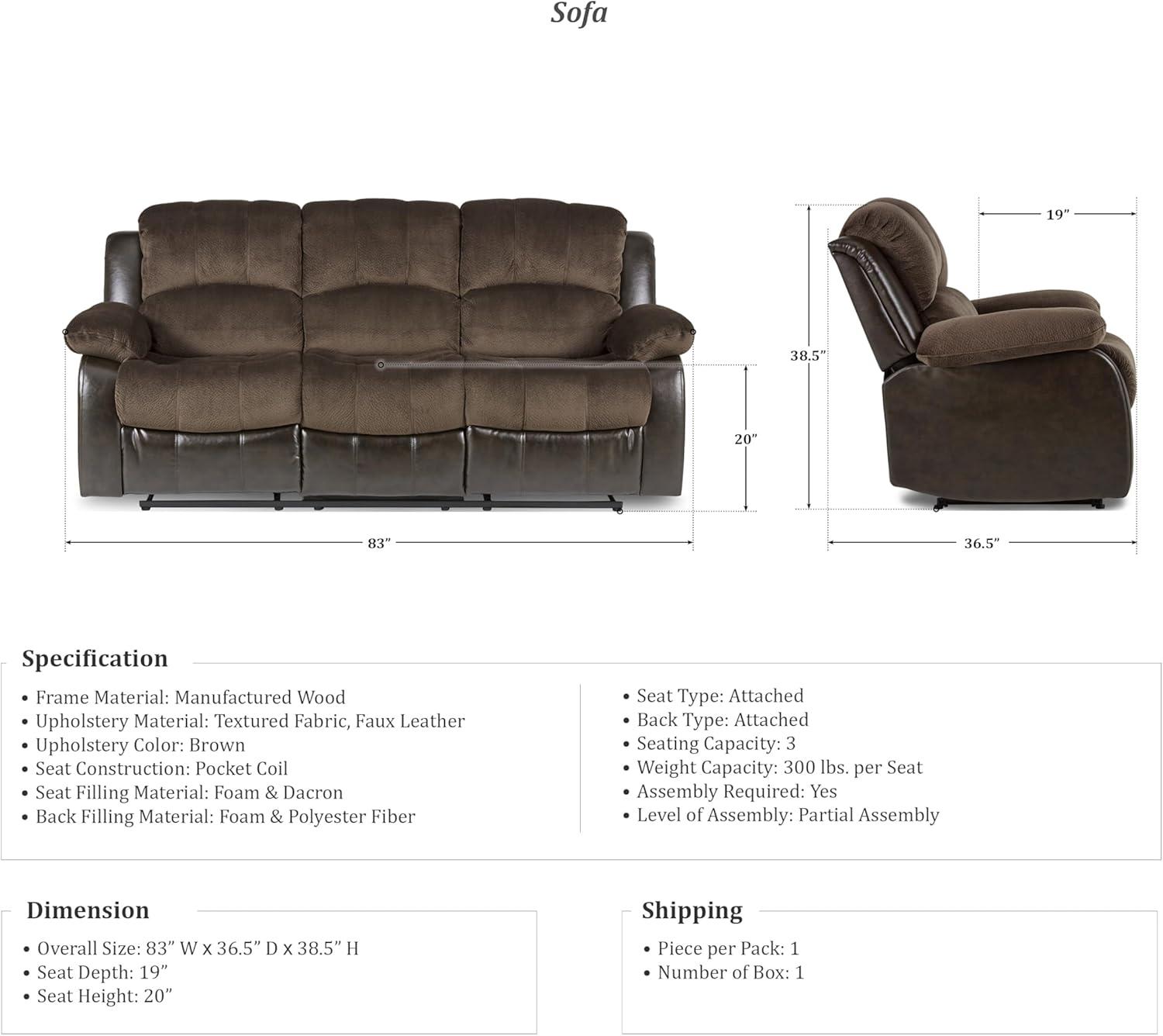 Lexicon Cranley Traditional Microfiber Double Reclining Sofa in Chocolate