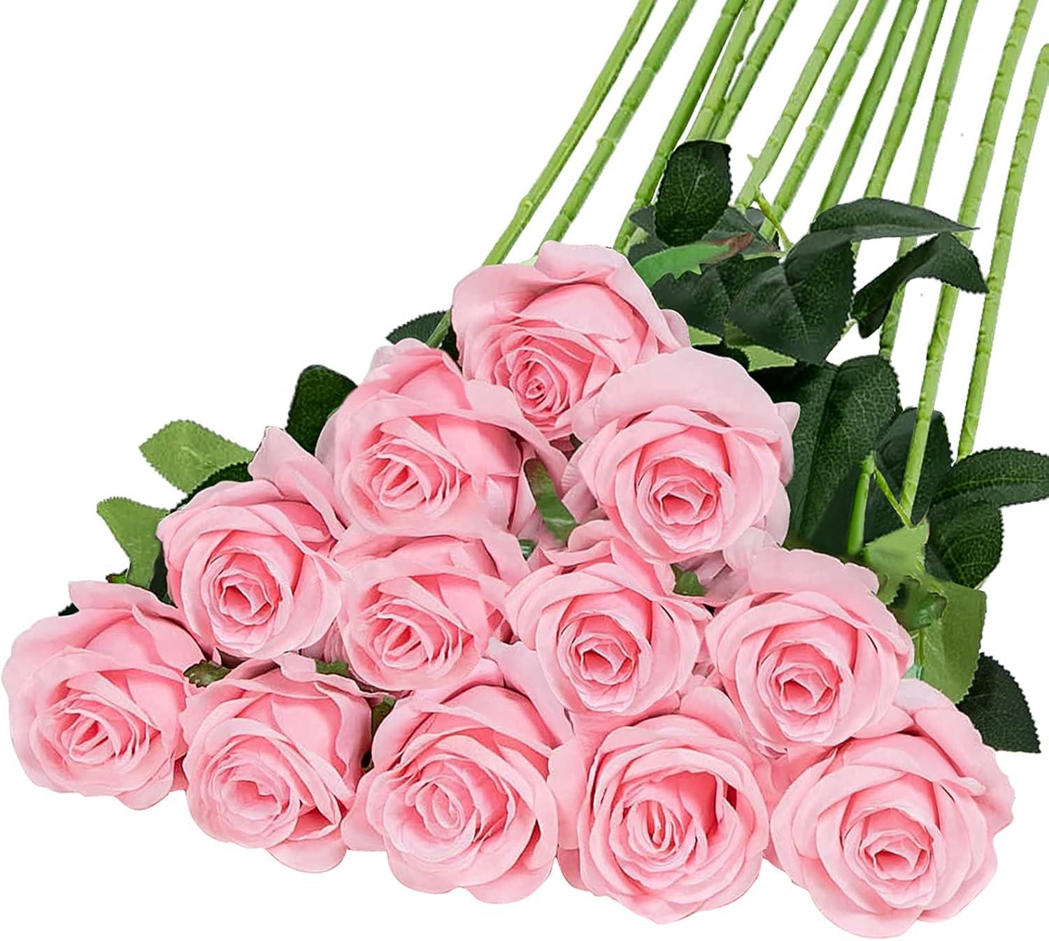 Nvzi -b 12 Bouquets of Artificial Silk Flowers Realistic Rose Bouquets with Long Stems for Home Wedding Decoration Party (Pink)