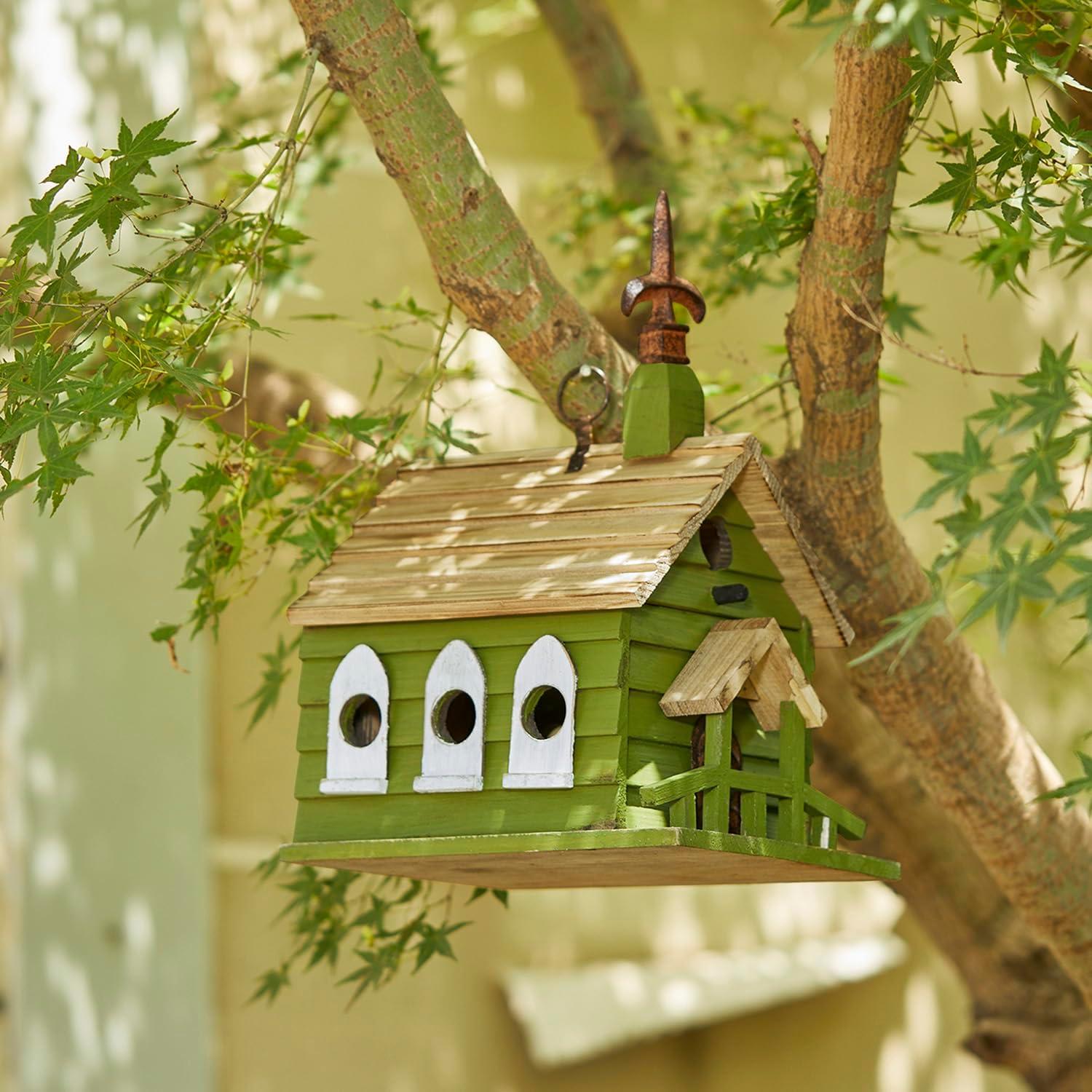 Green Hand Painted Wood Birdhouse with Distressed Details