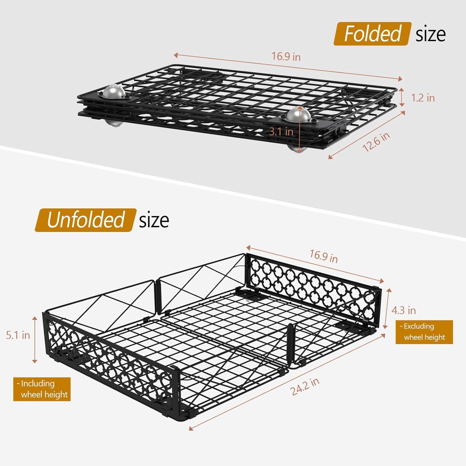 Black Metal Foldable Under Bed Storage with Wheels, Set of 2