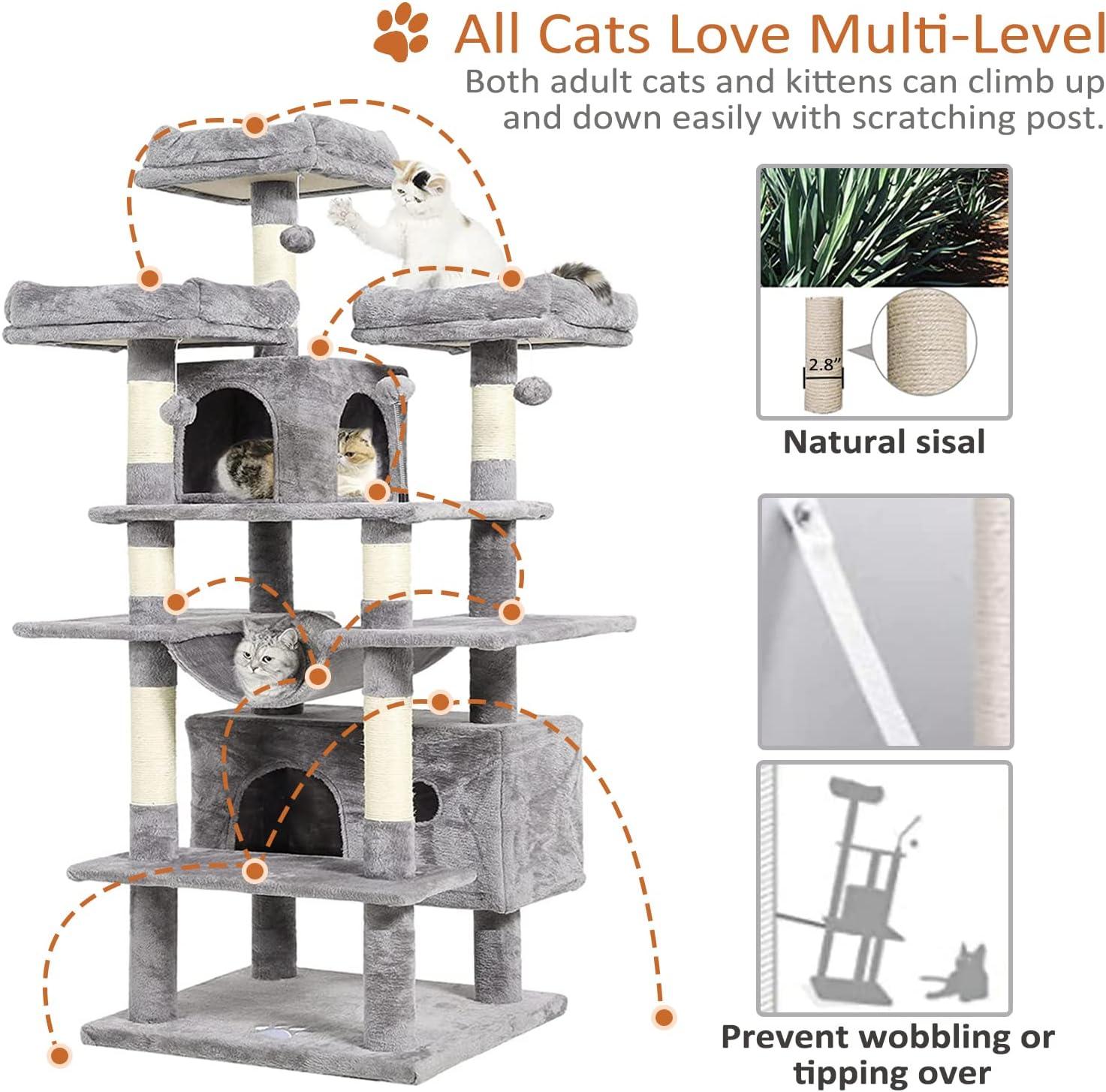 67" Light Gray Plush and Sisal Multi-Level Cat Tree