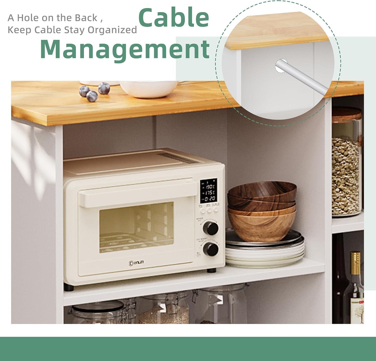 Sobaniilo Small Kitchen Island on Wheels with 3-Tier Side Spice Rack and Rubber Wood Top, Trolley Cart with Storage Cabinet & Drawer and Handle/Towel Rack, White