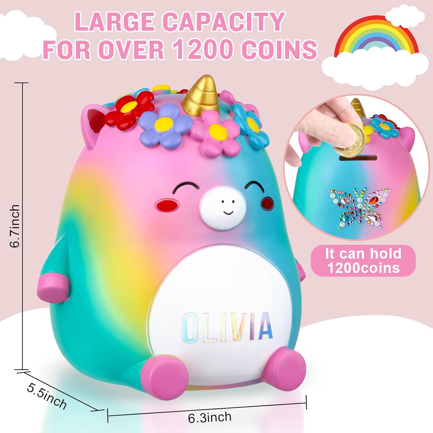 Unicorn Piggy Bank Girls – Cute Rainbow Kids Piggy Bank for Girls, Personalized Unbreakable Resin Coin Money Bank for Kids with Stickers for Toddlers