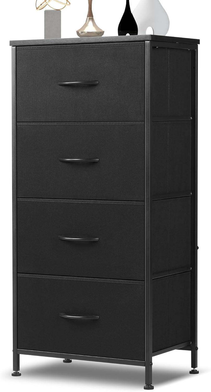 Black 4-Drawer Tall Fabric Storage Dresser with Wooden Top