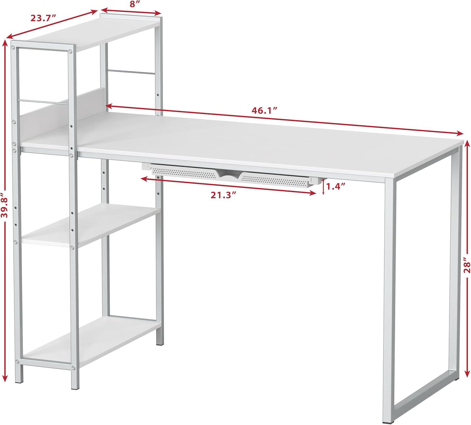 SHW 46-Inch Computer Desk with Adjustable Side Shelf and Drawer, 24" Deep, White