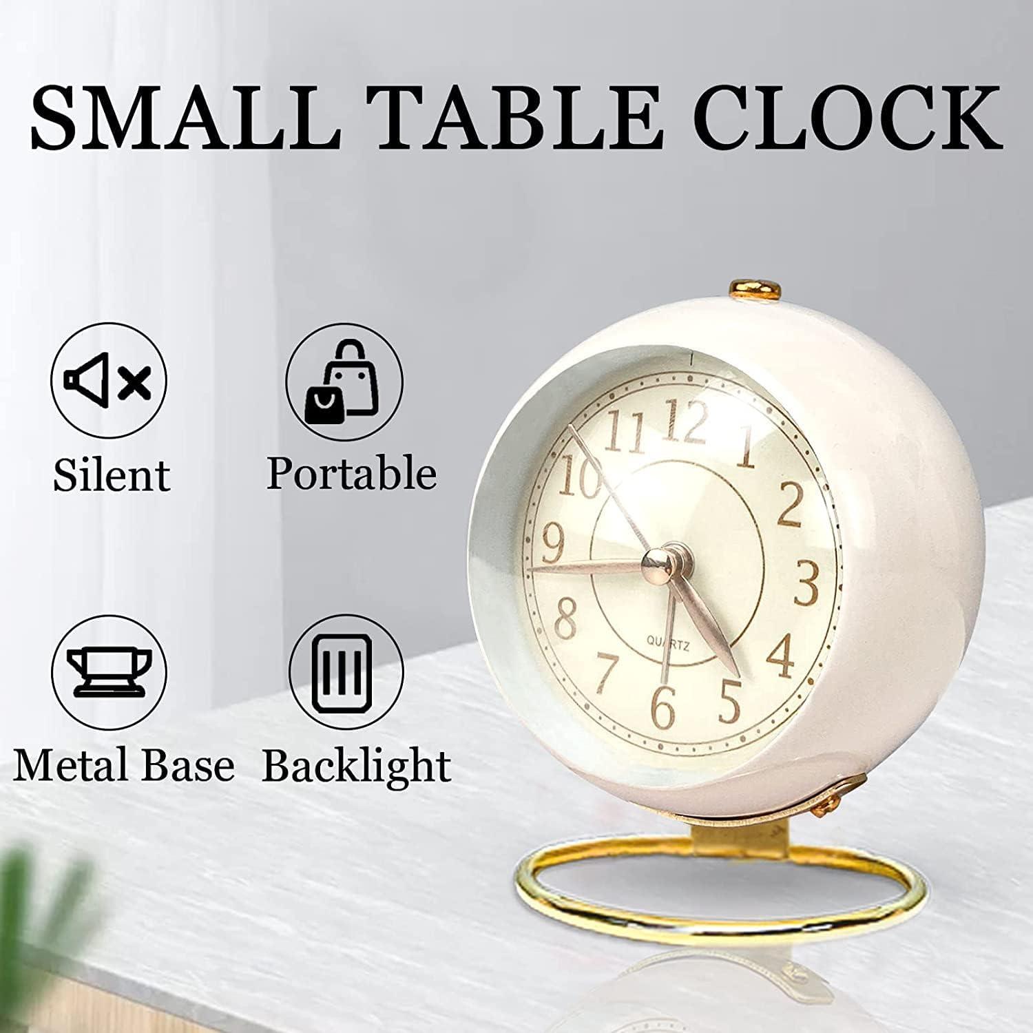 MINKUROW Small Alarm Clocks,Classic Retro Analog Cute Simple Design Small Desk Clock with No-Ticking Battery Operated Silent Backlight for Kids/Bedroom/Bedside Desktop/Kitchen/Travel White