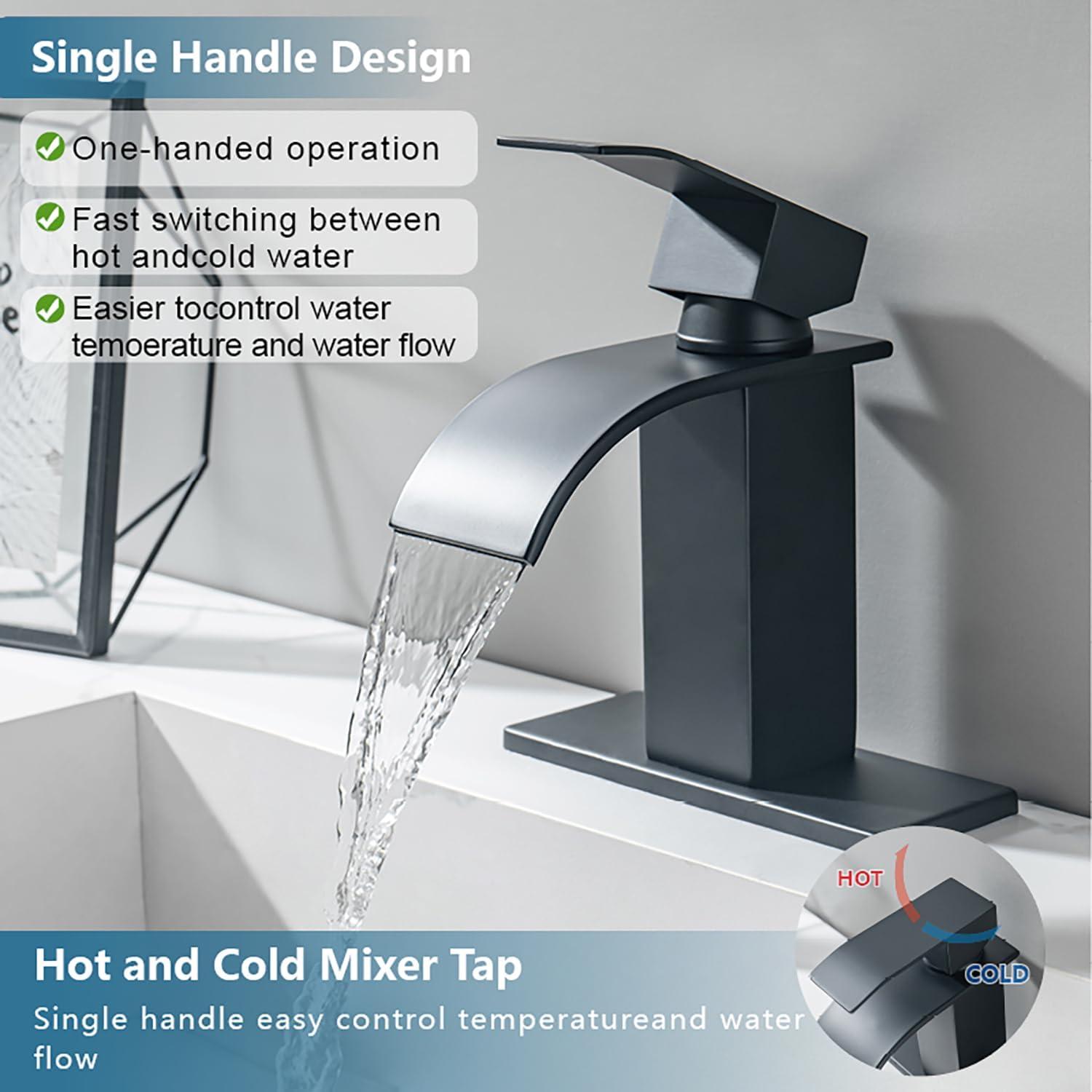 Matte Black Single Handle Waterfall Bathroom Faucet with Pop-up Drain