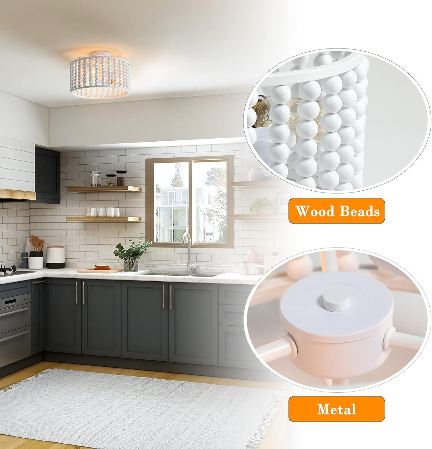 tewei Wood Bead Chandelier, Semi Flush Mount Boho Nursery Ceiling Light Fixture Rustic 3 Lights Chandelier Farmhouse E26 for Kitchen Bedroom Living Dining Room White