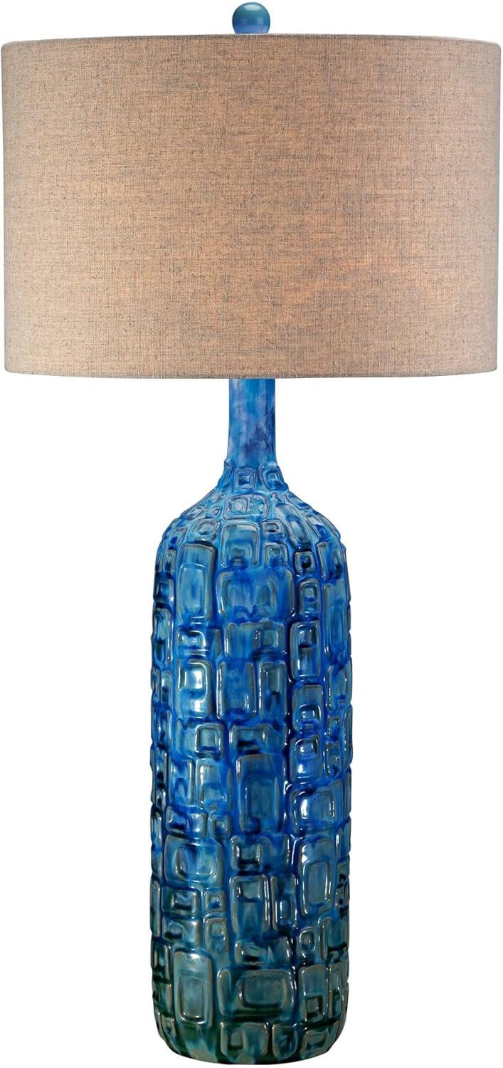Possini Euro Design Mid Century Modern Table Lamp Ceramic Tiled Teal Tall Tan Linen Drum Shade for Living Room Family Bedroom (Colors May Vary)